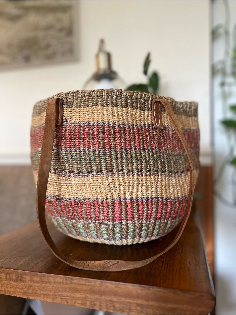 Sisal Market Jute Leather Shoulder Bag Tote Bag Vintage